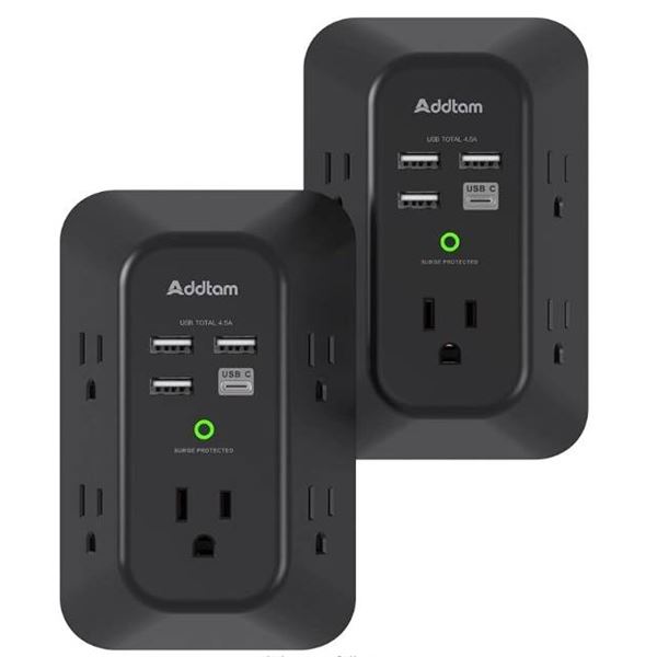 Addtam 2-Pack Multi-Plug Outlet Extender With USB Ports and Surge Protection