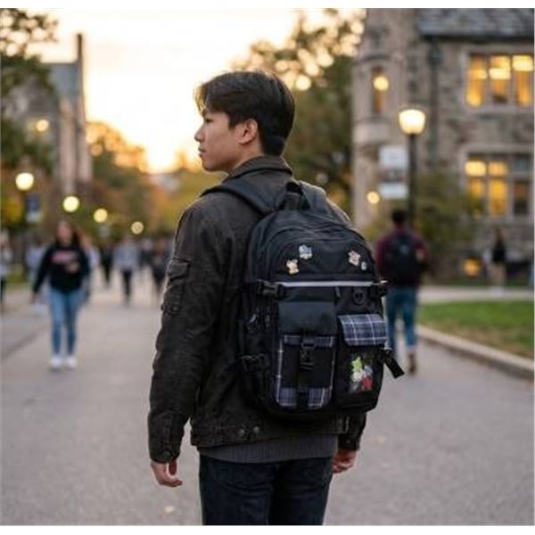 Black Backpack with Adjustable Straps and Front Pocket Accent