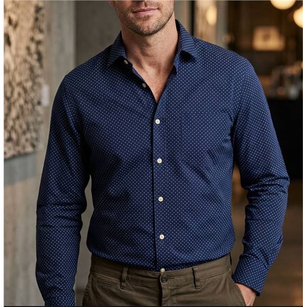 Tommy Hilfiger Men’s 2XL Navy Dotted Long Sleeve Button Shirt, Regular Fit