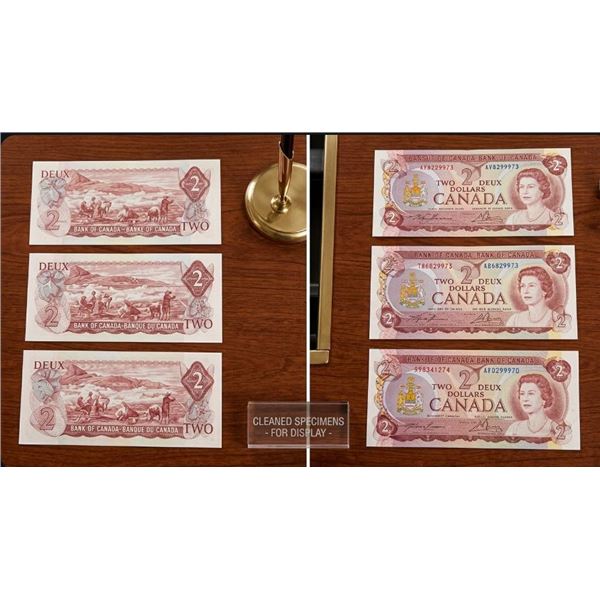 Lot of Three Canadian $2 Bills Featuring Queen Elizabeth II, 1974 Series