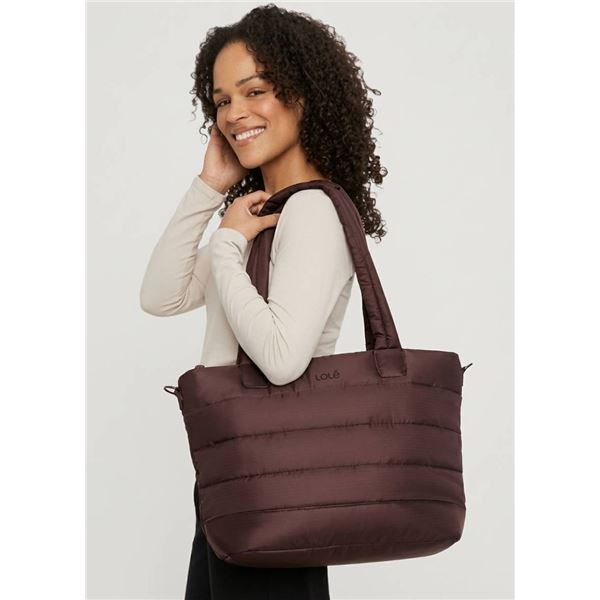 Lole Puffer Tote Bag in Brown With Quilted Design and Dual Handles