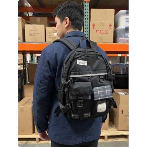 Black Backpack With Multiple Compartments and Gray Plaid Accents
