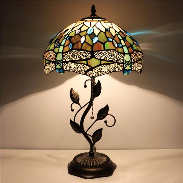 19 -Inch Stained Glass Dragonfly Lamp With Metal Base and Leaf Design **Stock image may not be exact