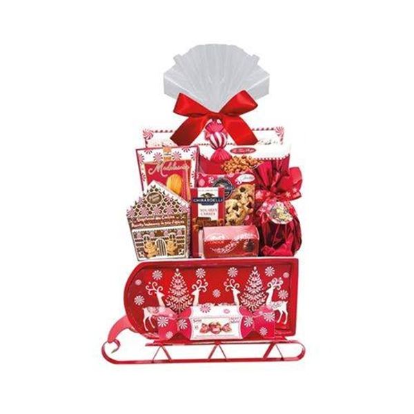 Holiday-Themed Red Sleigh Gift Set with Treats and Ceramic Serving Tray