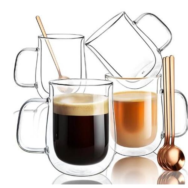 Comome Double Walled 16 OZ, Borosilicate Glass Coffee Cups Set of 4 with Spoons