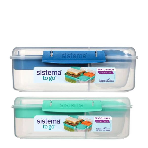 Sistema To Go Bento Boxes, Lot of 2, Clear with Blue and Teal Latches