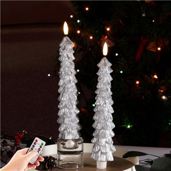 Eywamage Flameless Silver Christmas LED Taper Candles Set of 2