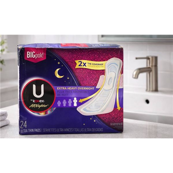 U by Kotex All Nighter Ultra Thin Pads, Extra Heavy Overnight, 24 Count