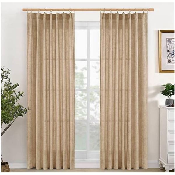 YoungsTex Pinch Pleated Linen Curtains Curtains with Hooks for Track System, Beige, 40W X 84L, 2 Pan