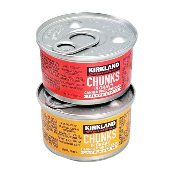 Kirkland Signature Chunks Cat Food in Gravy, Salmon and Chicken Recipes,48 x 85g Cans