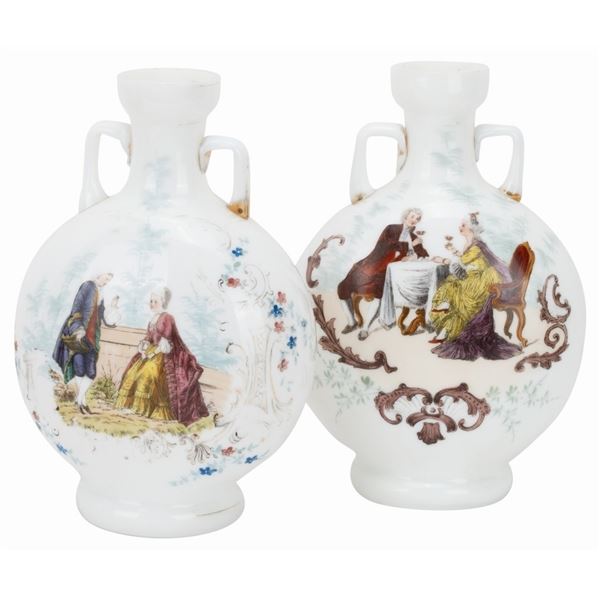Victorian Fragonard Style Milk Glass Vase Pair