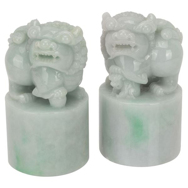 Pair Chinese Foo Dog Jade Chop Seal Statuettes