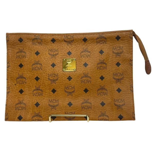 MCM Brown Visetos Leather Clutch Bag