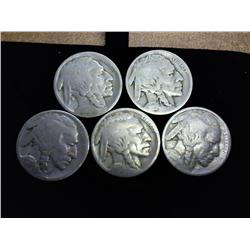 5 Assorted Teens Dated Bufffalo Nickels