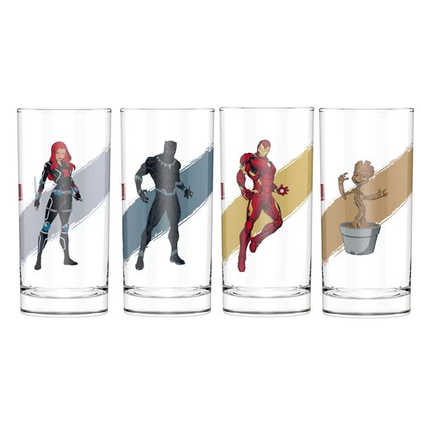 Marvel Glassware 10.2 oz , QUANTITY OF THREE Black Widow, Black Panther, Groot, Iron Man