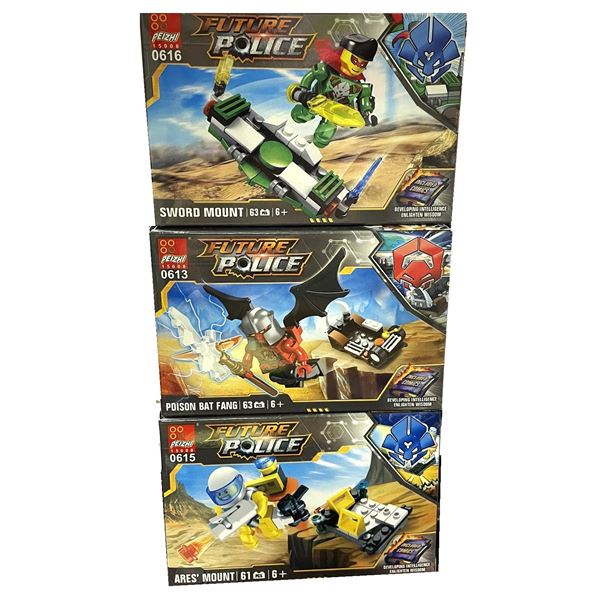 three construction block sets from the Future Police series by the brand Peizhi.