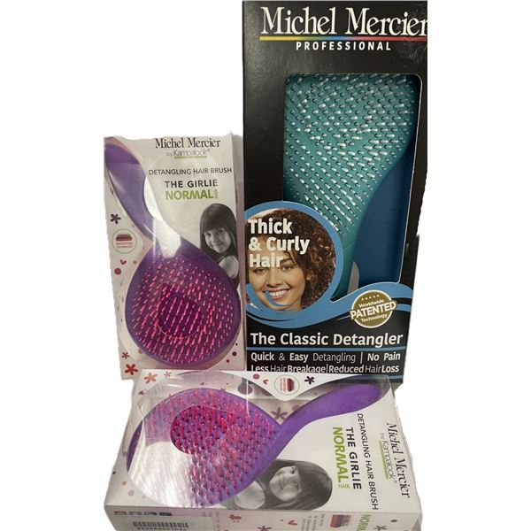 THREE Michel Mercier Hair Brushes,  One Curly Hair and Two Girlie Detangler for kids