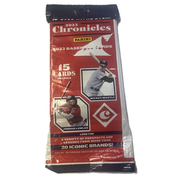 2023 Panini Chronicles Baseball Fat Pack featuring Mickey Mantle and Jordan Lawlar.