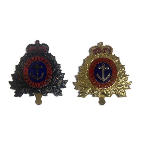 TWO RCN Auxiliary Vessels Crew Pattern and Officers Enameled Cap Badges