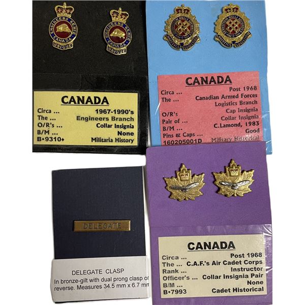 Engineers Branch collar insignia, Logistics Branch cap insignia, an Air Cadet Corps instructor