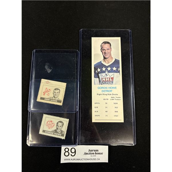 1970/91 Gordie Howe Dad's Cookies Card and 1969 OPC Stamp, Plus Andre Lacroix Stamp