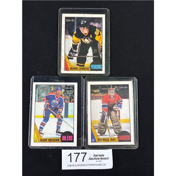 1987-88 OPC NHL #15 Mario Leimeux, #163 Patrick Roy, #112 Mark Messier