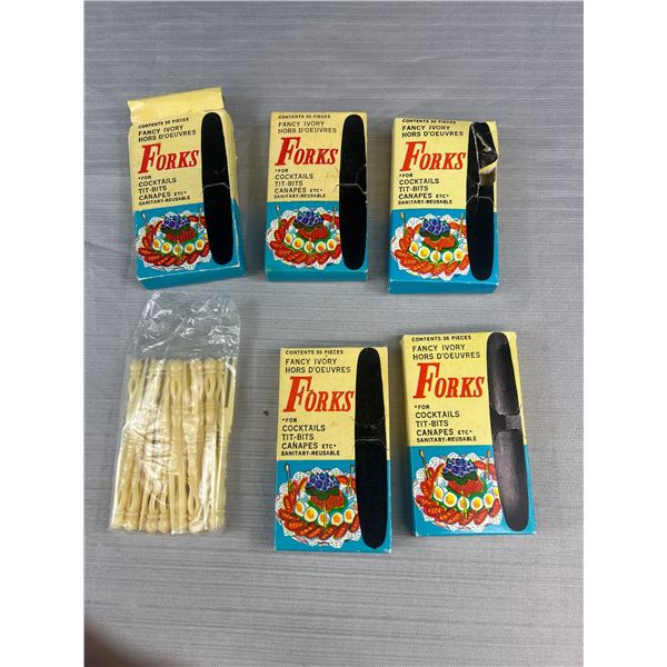 5 Vintage Fancy Ivory Forks Still Sealed in Original Boxes