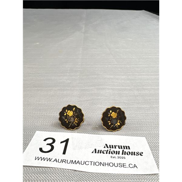 Pair of 1950's Japanese Gold + Silver Inlay Earrings