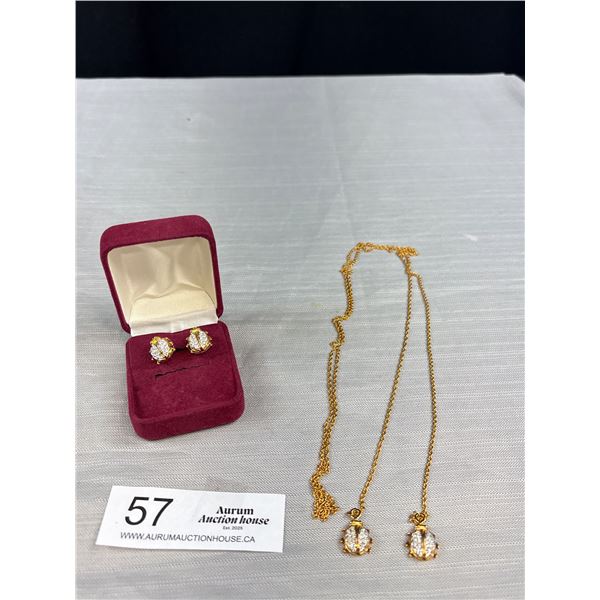 Gold Plated Vintage Lady Bug Earrings + Lariat Necklace Set Quality