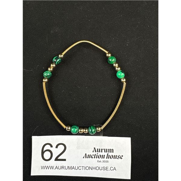Vintage Gold Plate Genuine Malachite Stretch Bracelet Very Nice Quality
