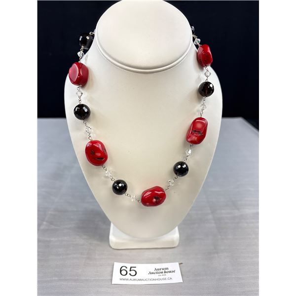 Large Vintage Genuine Coral Sterling 925 Faceted Smoking Quartz Necklace