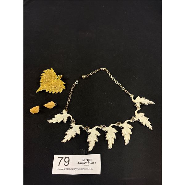 Leaf Motif Jewelry 24K Gold Plated Pendant White Enamel Necklace, Genuine Ivory Earrings