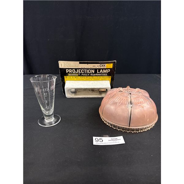 Vintage Projection Lamp, Glass Ceiling Fixture & Apothecary Flask