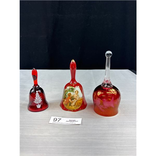 3 Crystal Hand Bells - One Signed Hand Painted Fenton