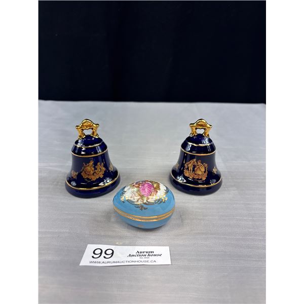 Vintage Limoges France Collectible - Loving Couple Egg & Cobalt w/ Gold Bells