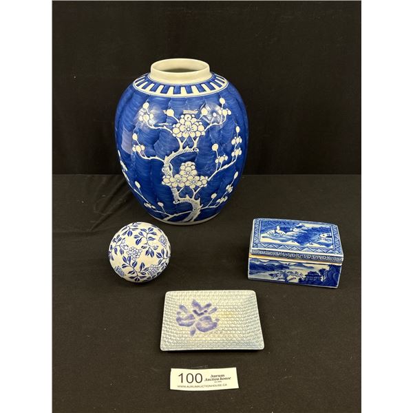 Vintage Asian Blue/White Vase, Lidded Box, Enamelled Tray & Décor Ball