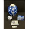 Image 1 : Vintage Asian Blue/White Vase, Lidded Box, Enamelled Tray & Décor Ball