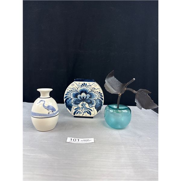 Vintage Signed Delfts Blue Vase, P.E.I. Vase & Acrylic Apple