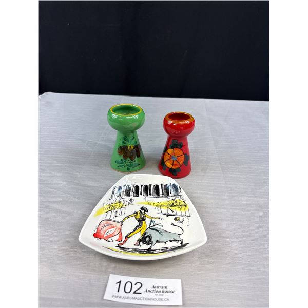 Vintage Candlesticks Made in Italy & Foley England Trinket Tray 'El Matador'
