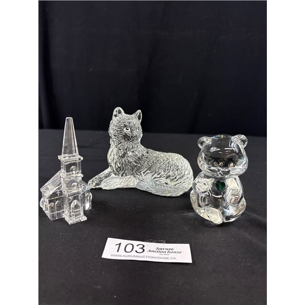 Signed Fenton Crystal Bear, Crystal Church & Cat Figure