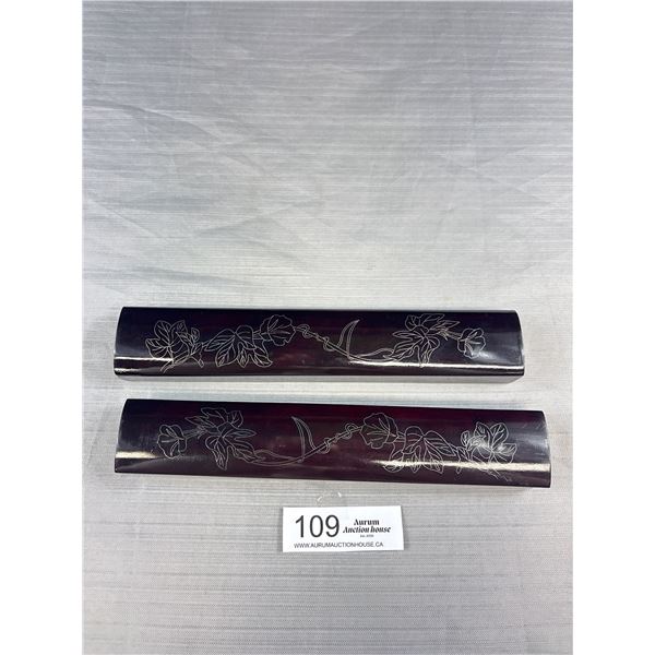 Pair of Vintage Caligraphy Paperweights w/ Inlay Floral Design