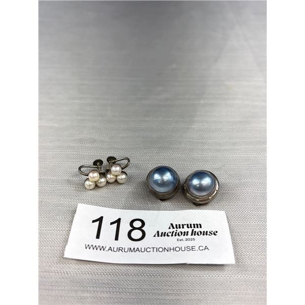 Vintage Sterling Clip Back w/ Blue Stone & Tri Pearl Screw Back Earrings