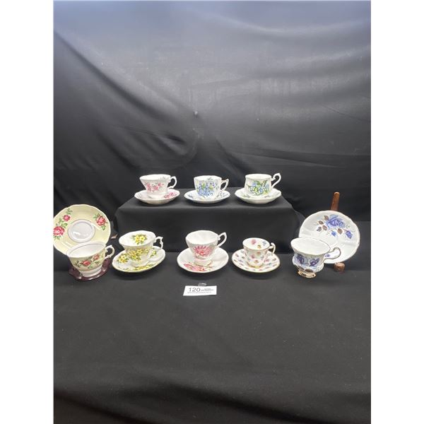 Lot of 8 Vintage Bone china Teascups and Saucers: Windsor, Royal Albert, Etc, No Chips or Cracks
