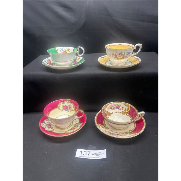 Lot of 4 Vintage Bone china Teascups and Saucers: Collingwood, Royal Crown, Etc no chips no cracks