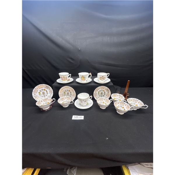 Lot of 7 Commemorative Bone china teacups and Saucers with 3 extra cups
