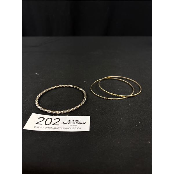 3 Vintage Bangles ( 2 Gold Tone) Large One Tests as Silver