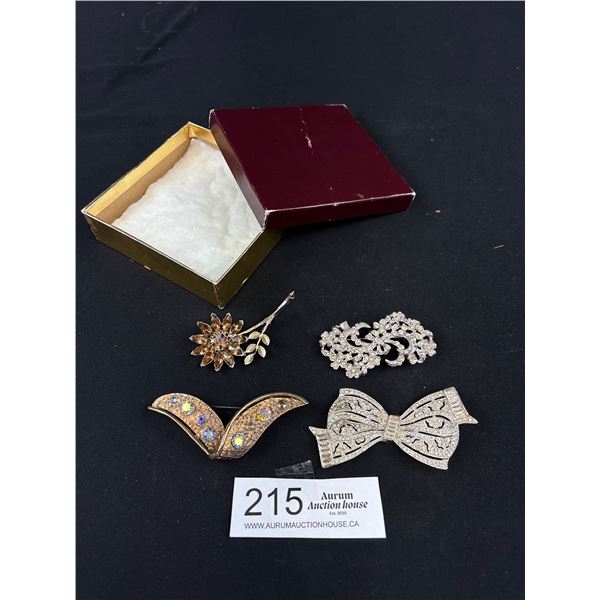 4 Vintage (Large) Rhinestone Brooches All Need Some Repair