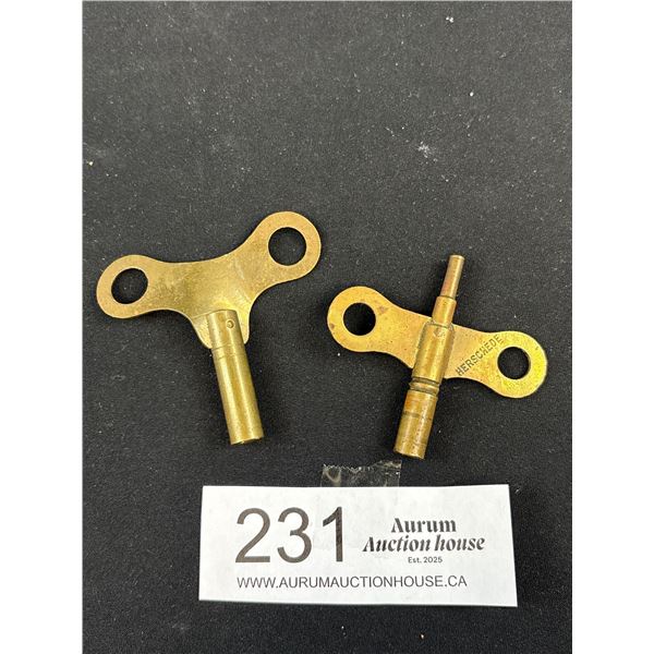 2 Antique Brass Clock Keys