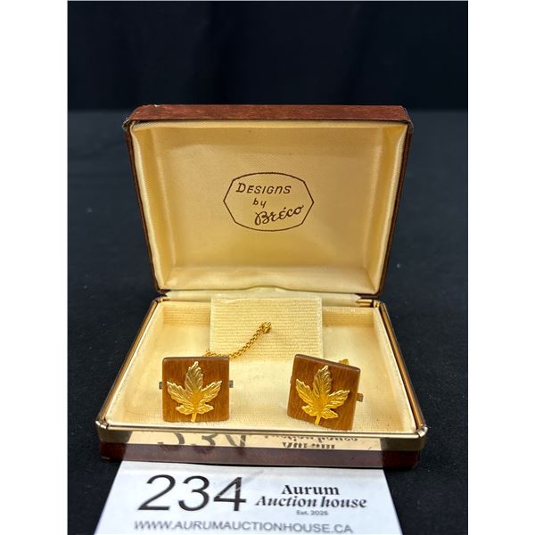 Breco Design 1950's-60's  Maple Leaf Cuff Link Set (Wood Backs)
