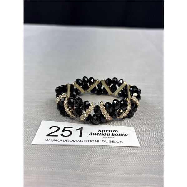 Vintage Faceted Black Glass Beads + Rhinestones Bracelet